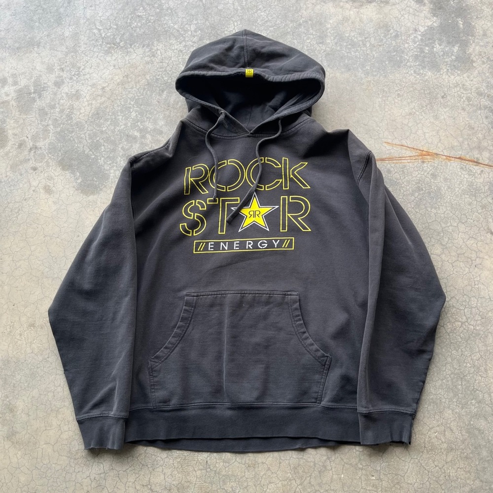Rockstar Energy Drink Hoodie Faded Black Yellow Logo Pullover Sweatshirt Mens L